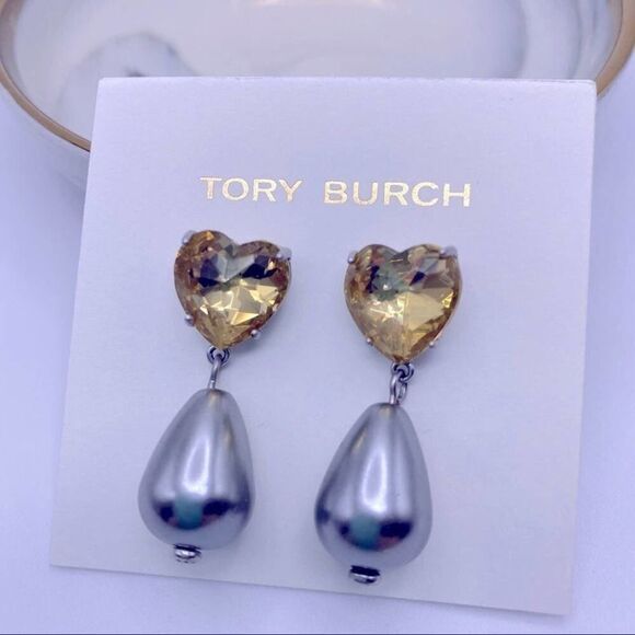 NWOT Tory Burch Silver Citrine Crystal Gray Pearl Dangle Stud Earrings - Picture 2 of 10